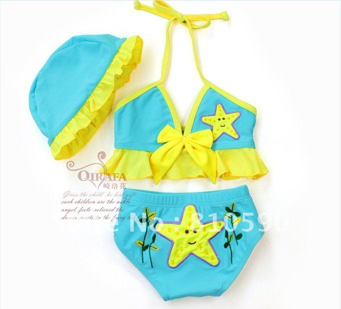 2012 High quality new Kids swimwear Blue girl's swimsuit bow decorated with cute little stars Free shipping (5 pieces/lot)