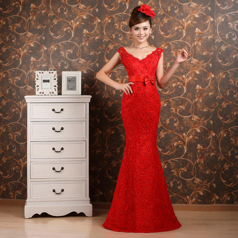 2012 High quality wedding Occasion formal prom evening dress costume red double-shoulder Straps V-neck long design