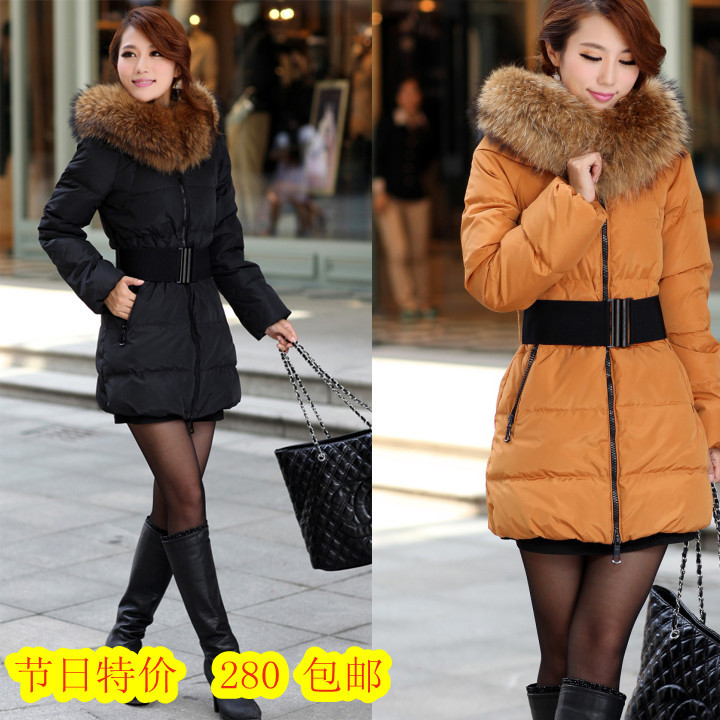 2012 High Quality  Winter Large Luxury Fur Collar Female Slim Medium-Long Down Coat Free Shipping