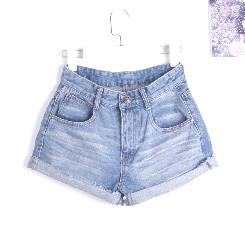 2012 high waist denim shorts female thin roll up hem water wash plus size loose