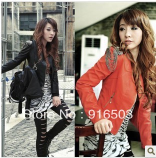 2012 Hitz Korean short paragraph epaulets chain leather women coat jacket motorcycle clothing