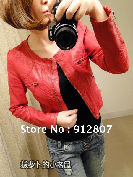 2012 Hitz round neck slim zip locomotive short leather / women leather jackets women leather jacket
