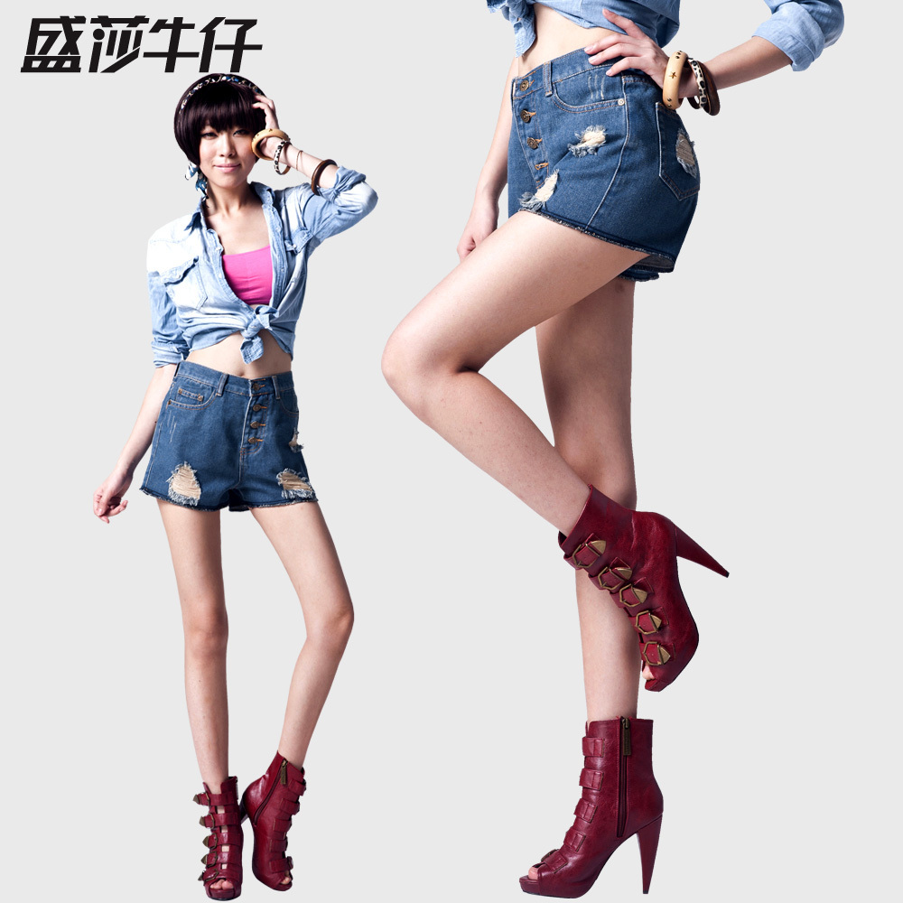 2012 hole buttons high waist denim shorts female slim shorts