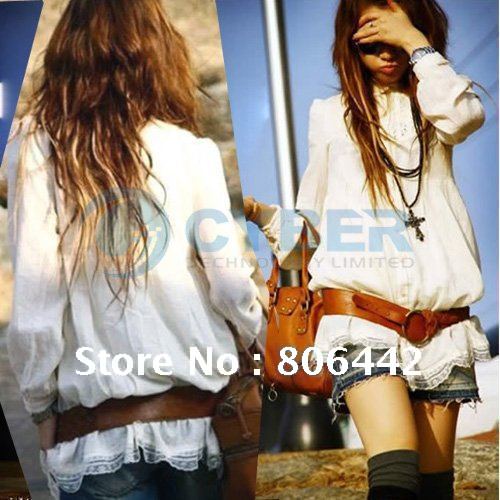 2012 Holiday Sale Fashion Women's Long Tunic Top Vintage HIPPIE White Lace Shirt Blouse Free Shipping