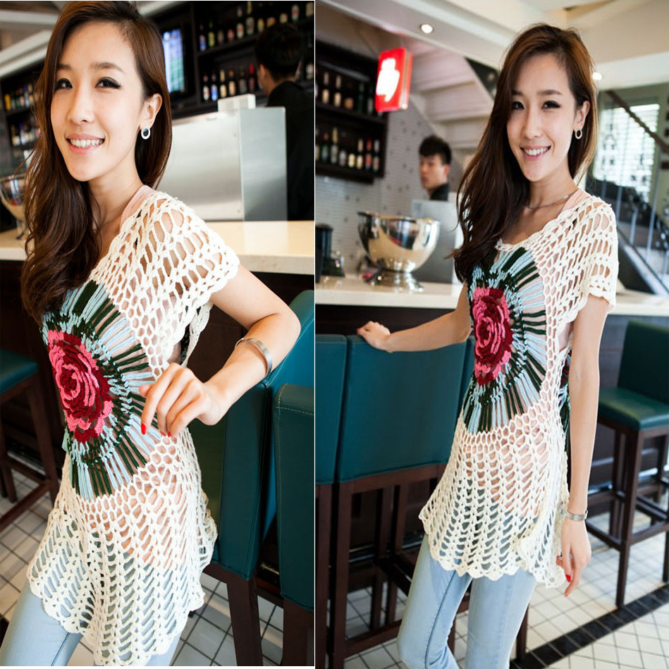 2012 hollow sexy fashion slim cutout shirt sweater lace top big flower print short-sleeve white women sweater / free shipping