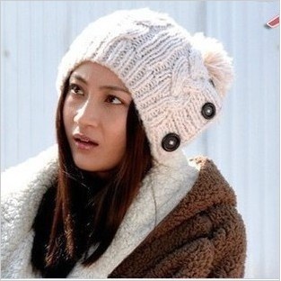 2012 hot 1pcs Hot Women Hat Button Twisted Knitted Hat Female Knitting Wool Warm Hat Free shipping h013