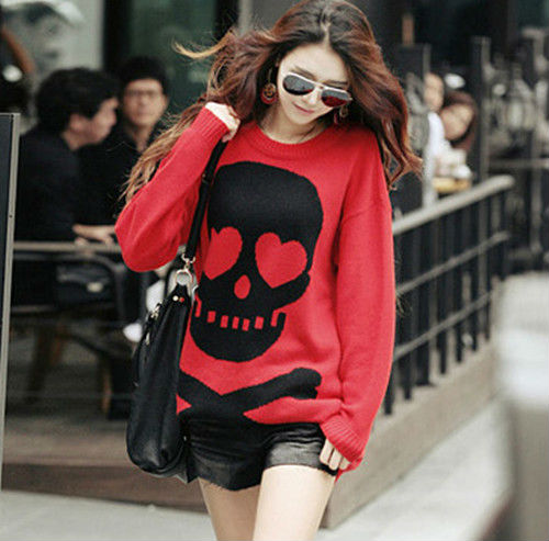 2012 Hot ! Crew Neck Loose Fit Long Pullover Sweater Top Dress with Skull Parrten Red  Free Shipping 0113#