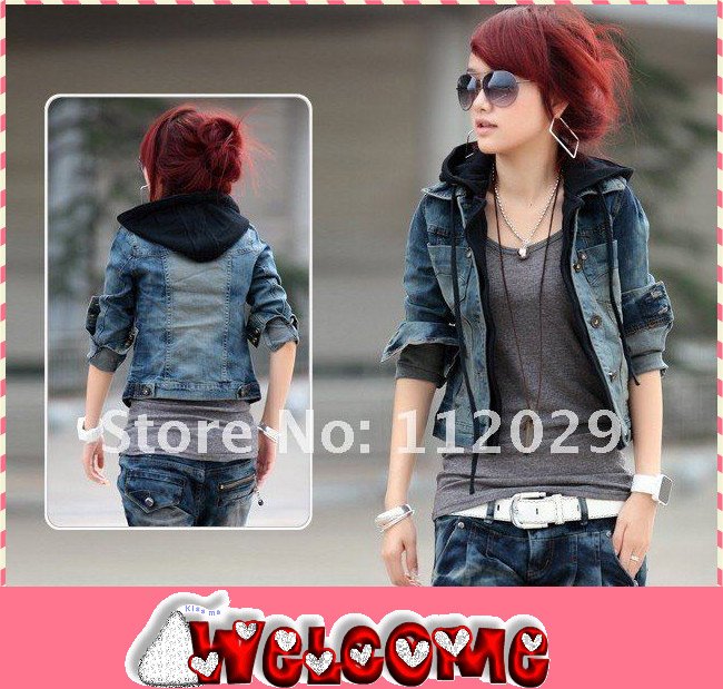 2012  HOT New Spring&Autumn Short Jacket Women's Denim Outerwear Faux Two Piece With Hat A Hood Denim Short Jacket Denim Coat