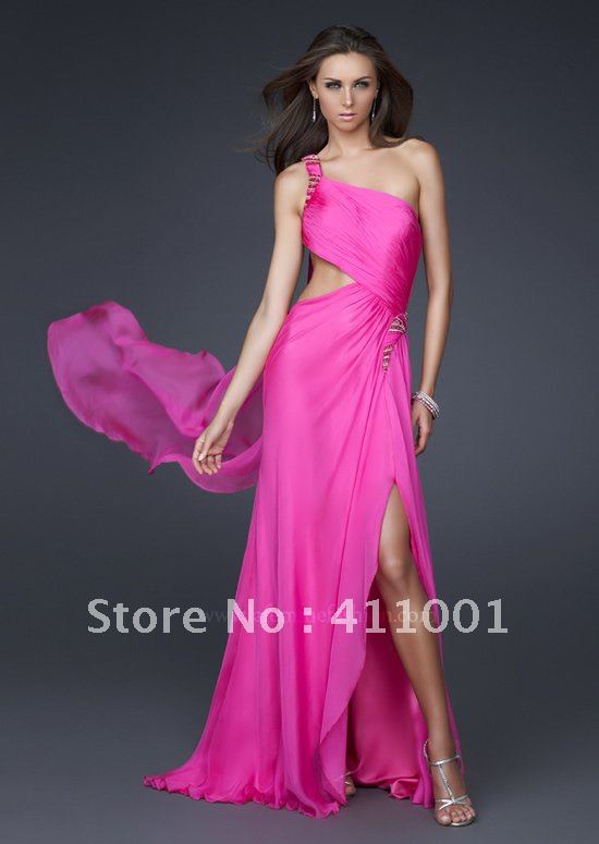 2012 HOT PINK CHIFFON ONE-SHOULDER SEXY BACK COCKTAIL PARTY EVENING FORMAL PEGEANT CELEBRITY DRESS CUSTOM MADE FREE P&P