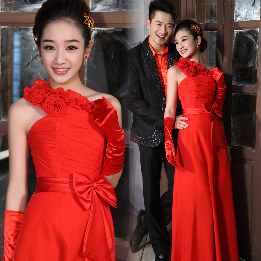 2012 Hot Sale Bride banquet chiffon bridesmaid red long formal one shoulder wedding dress OEM FC035