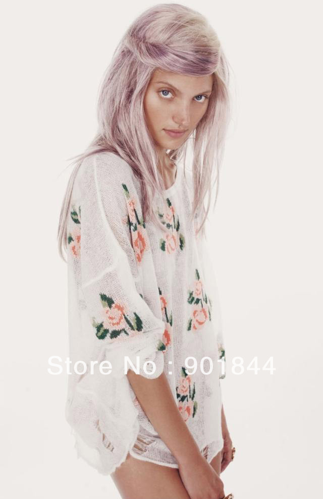 2012 Hot Sale Fashion Pullover Wildfox Rose Print Sweater For Women Hole Knitting Sweaters Black White Free Shipping Christmas