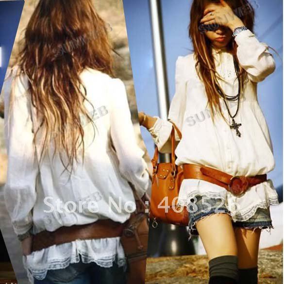 2012 Hot Sale Fashion Women's Long Tunic Top Vintage HIPPIE White Lace Shirt Blouse Free Shipping 2863