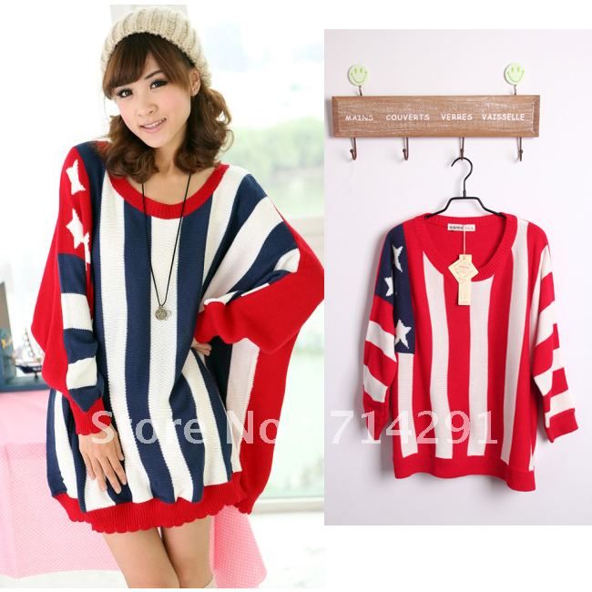 2012 hot sale  gossip women's american flag sweater medium-long bat stripe knitted sweater free shipping