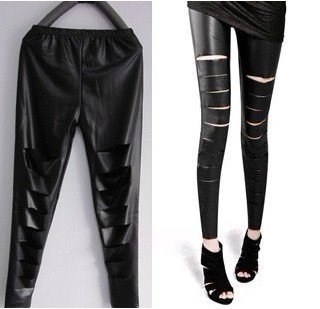 2012 Hot Sale Imitation Leather Leggings,Punk Black Cutout Ripped PU Leggings Pants,6 Pieces/Lot + Free Shipping