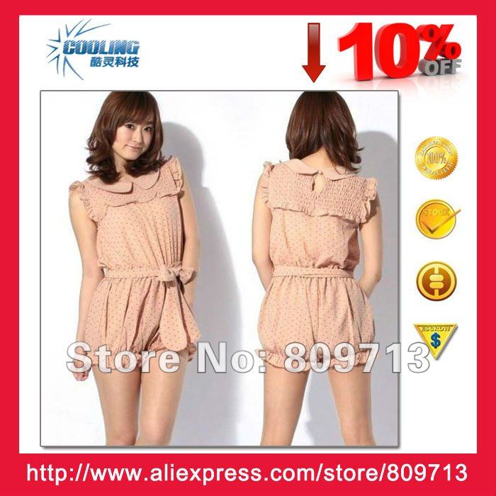 2012 hot sale new Japanese Korea style chiffon ruffle falbala dots sleeveless cute jumpsuit with belt