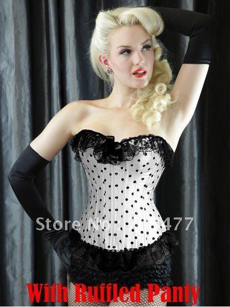 2012 hot sale strapless steel boned corset with ruffled panty high quality dot corset wholesale and retail competitive price