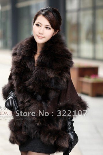 2012 Hot Sale Winter Shawl Brown Extravagant Wool Knitting Large Shawl Fox Fur Poncho Sweater Wrap