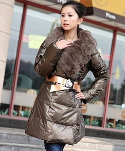 2012 HOT SALE Women's Down Coat Rex Rabbit Large Fur Collar Women Slim Medium-long Down Coat With Belt EY-56