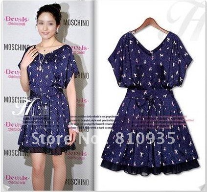 2012 Hot Sell Fashion Women's Dress,Mini Casual Wear ,V Collar,Bat Sleeve,Loose Blue Color, Free Shipping