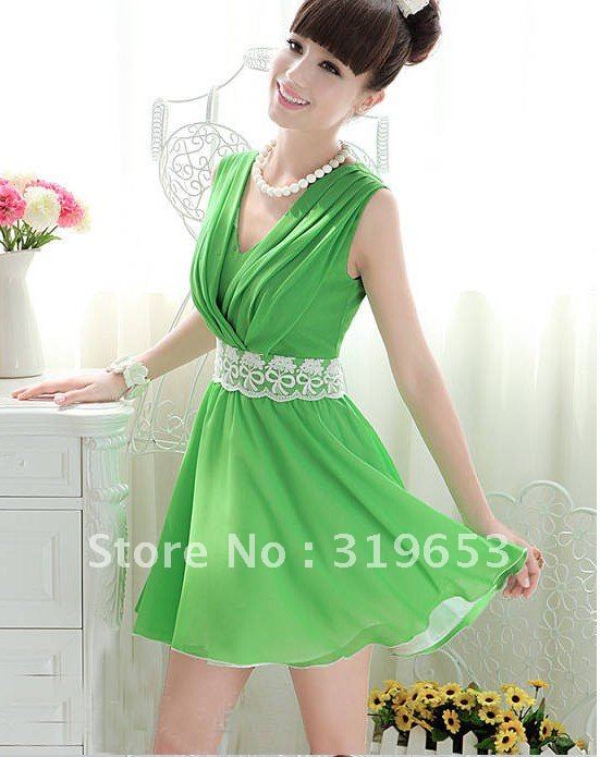 2012 Hot sell !!!Fashionable Woman Chiffon V-neck   Cute Dress with lace waistband #C51A.6638.45.R  + Free Shipping