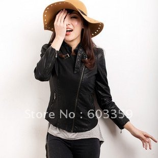 2012 Hot sell High quality ladies' Brand Zipper Motor skinny waterproof PU leather jacket,fashion outwear&coat,2 colors,#1184