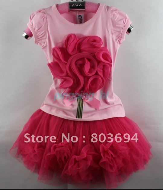 2012 hot sell  kids sets ,1suit = pink  mei rose top + mei color five flower bust skirthl =520^~^