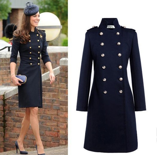 2012 hot sell princess kate same military style women navy blue double breasted woolen trench coat overcoat