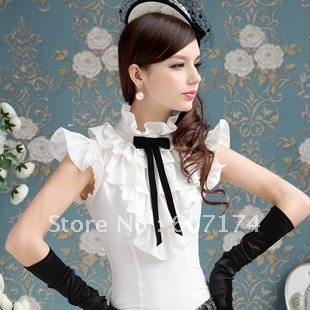2012 hot sell Women Brand multi-layer ruffle black bow all-match sweet shirt OL shirt Size:S-XL #1784