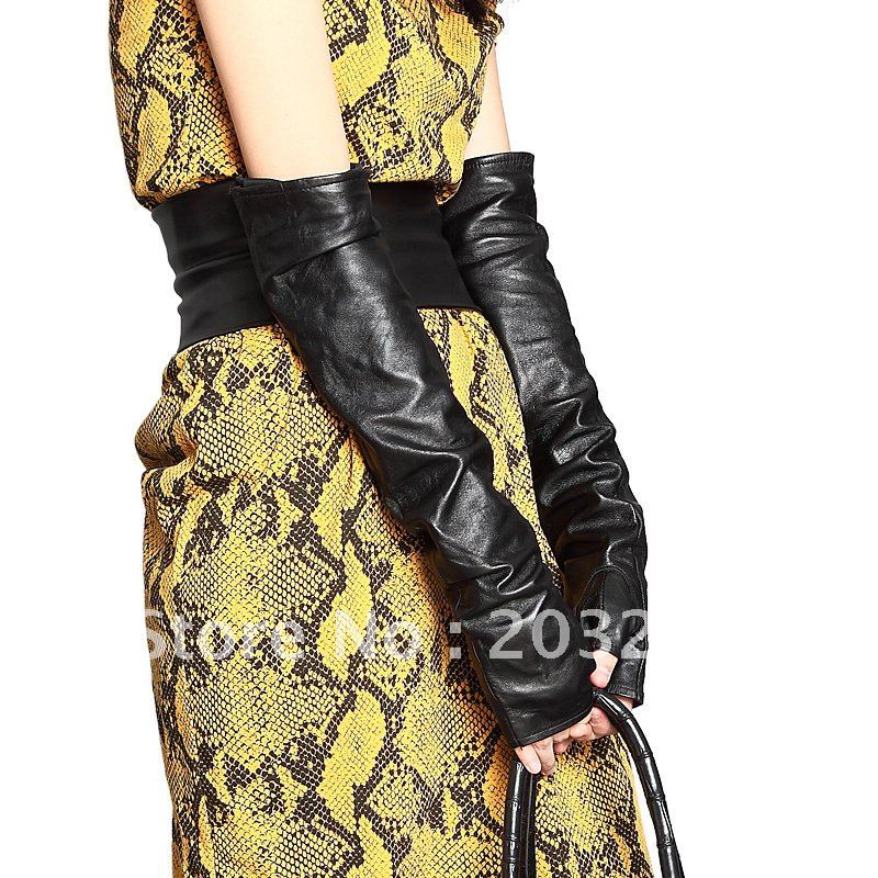 2012 hot-selling fashion all-match PU faux long design lucy refers to double layer women's leather gloves with high quality