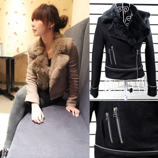 2012 hot-selling faux short jacket zipper decoration suede collar outerwear camel black