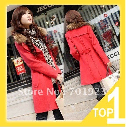 2012 Hot selling medium-long trench woolen outerwear double breasted casual overcoat fur collar free shipping