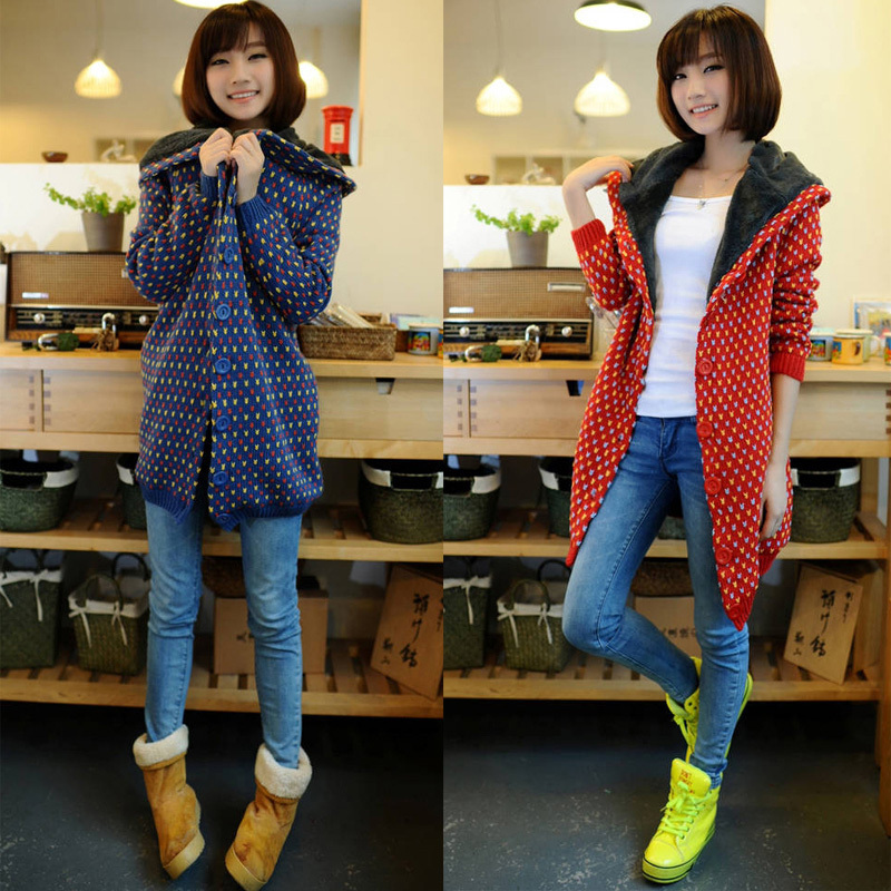 2012 hot-selling new arrival winter women's long-sleeve medium-long plus velvet thickening with a hood multicolour dot wool