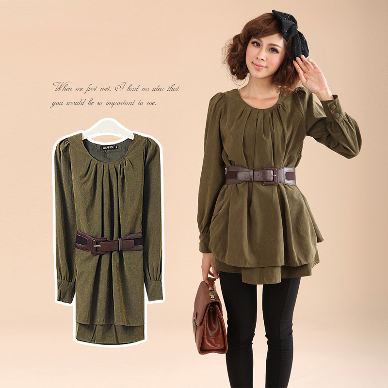 2012 hot-selling quality autumn and winter faux leather velvet belt loose o-neck long-sleeve dress