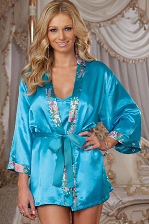 2012 Hot Sexy Floral Satin Lingerie Lace Belt Chiffon Long Sleeve Sleepwear Robe Gown Thong A1504