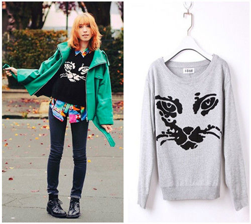 2012 Hot ! Vintage Style Cat Pattern Crew Neck Pullover Sweater Top Black Grey 0110#