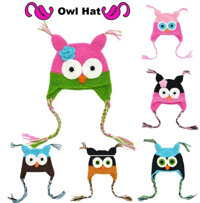2012 hot wholesale wool Handmade Baby Owl Beanie hat girl Crochet Hats Various Animal Styles Kids winter Flower cap for 6-18M