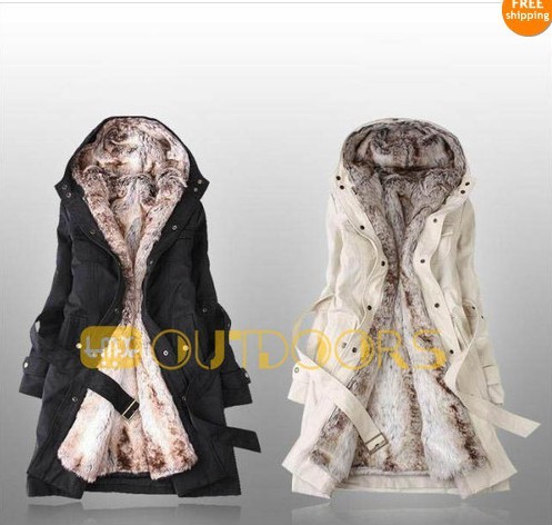 2012 Hot Women Winter Long Jacket Coat with Faux Fur Ling 2 in 1 Hood Fur Parka Overcoat Free Shipping