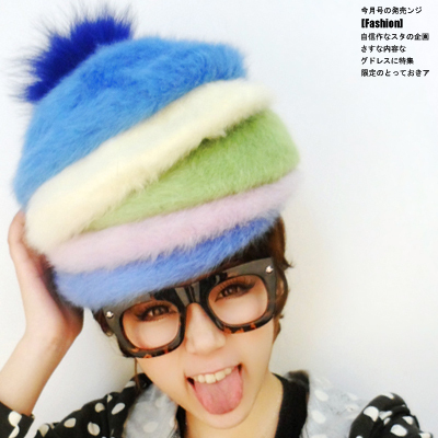 2012 ice cream multicolour female knitted hat thermal fox fur rabbit fur painter cap g7
