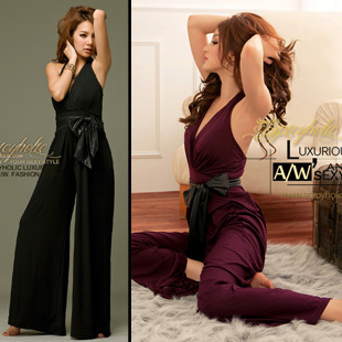 2012 jumpsuit spring and summer women's sexy bandage deep V-neck belt one piece trousers halter-neck jumpsuit skirt
