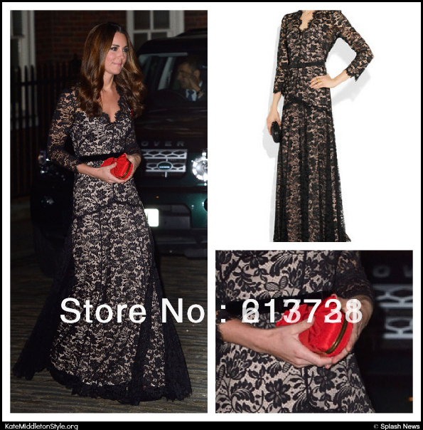 2012 Kate Middleton Black Lace Dresses Long Sleeve V-Neck Floor Length Evening Celebrity Dresses NC0026