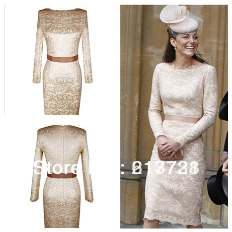 2012 Kate Middleton Cream Lace Dresses Long Sleeve Knee Length Sheath Evening Celebrity Dresses NC0027