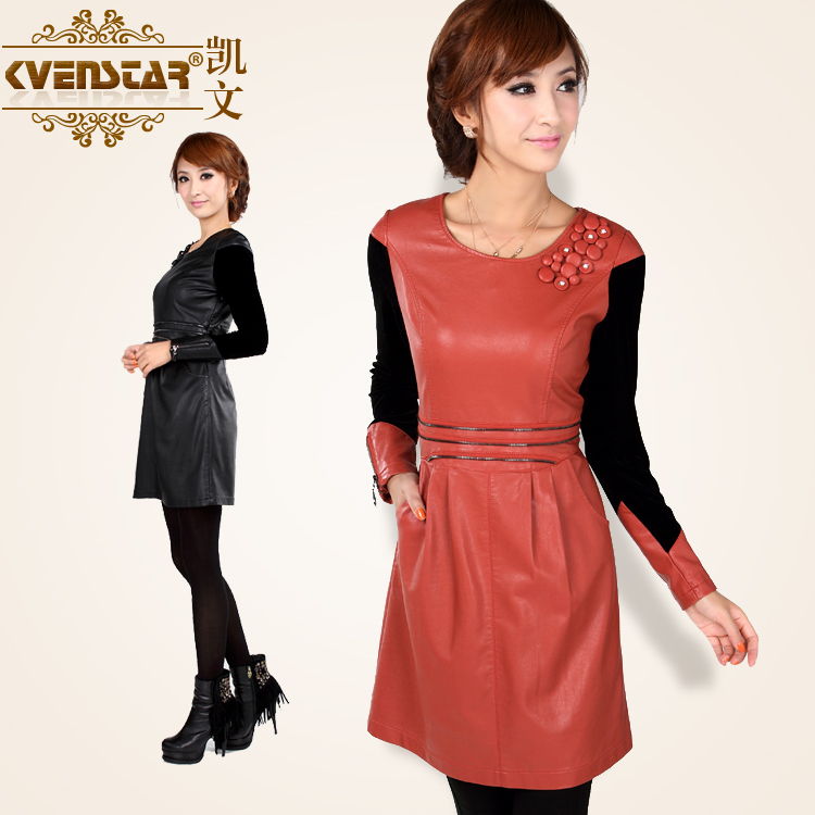 2012 kevils fashion slim hip bottom PU long-sleeve plus size leather 1817 one-piece dress