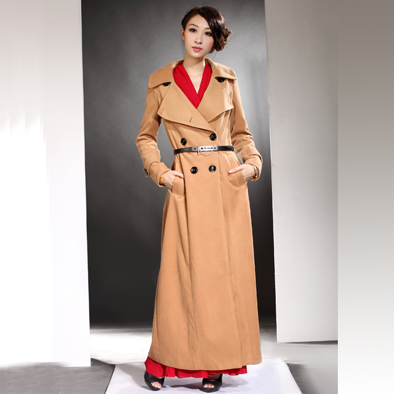 2012 khaki high quality woolen scarf plush trench overcoat ultra long trench