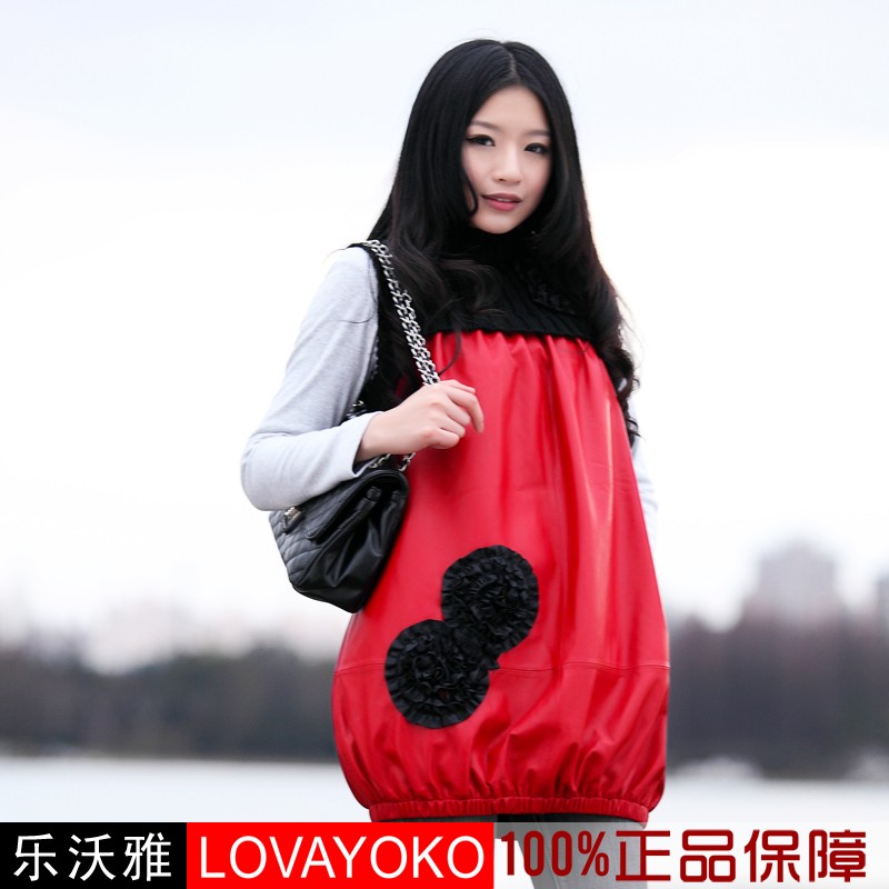 2012 knitted collar sheepskin lace slim hip one-piece dress tank dress genuine leather skirt
