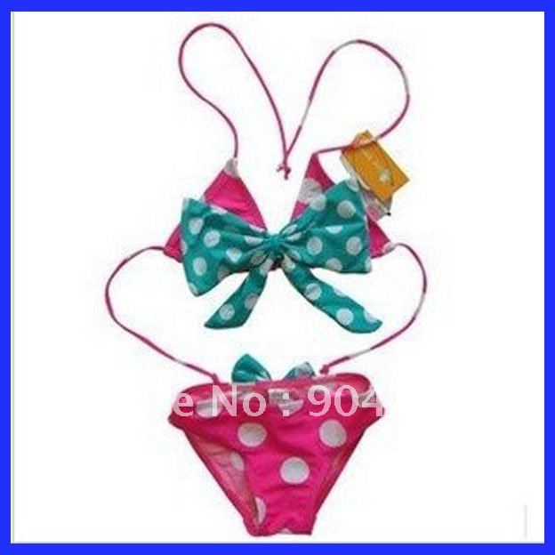 2012 Korea's new hot springs lovely dot children kids swimsuit girl bow baby bikini swimwear angel for Age 3-13 Free Shipping