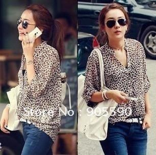 2012 Korea style leopard print V Neck turn-up cuff thin long sleeve shirt free shipping 0136