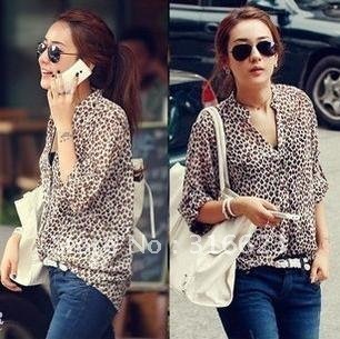 2012 Korea style leopard print V Neck turn-up cuff thin long sleeve shirt free shipping 0136