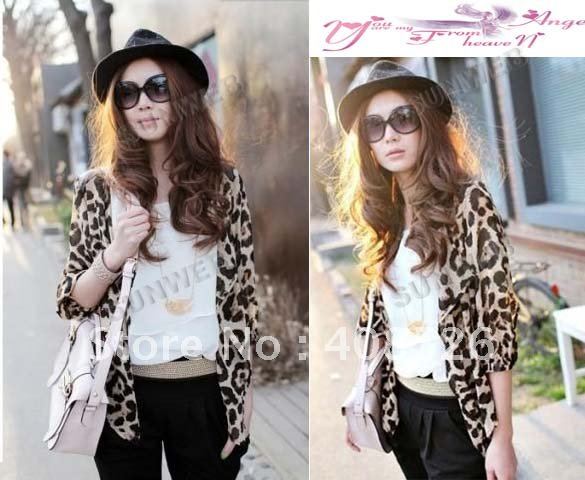 2012 Korea style leopard shirt print V Neck turn-up cuff thin long sleeve blouse Coat free shopping  2518