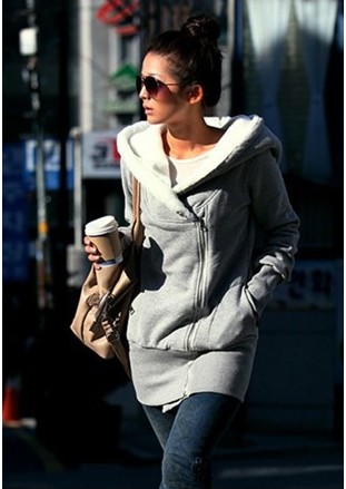 2012 Korea Women Hoodies Coat Warm Zip Up Outerwear Sweatshirts 2 Colors Black Gray free shipping