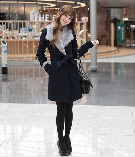 2012 Korean - new fur Lapel long wool coat